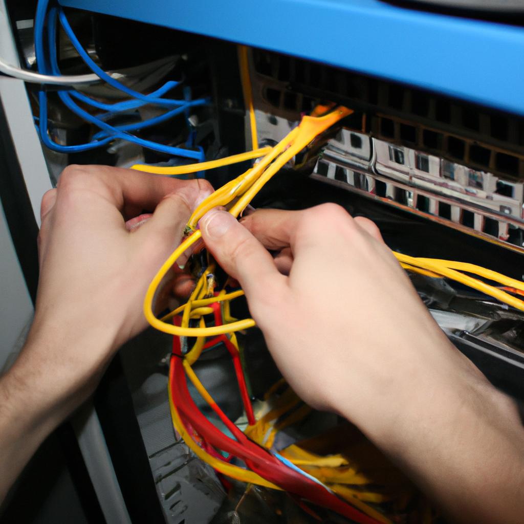 Person connecting wires in server