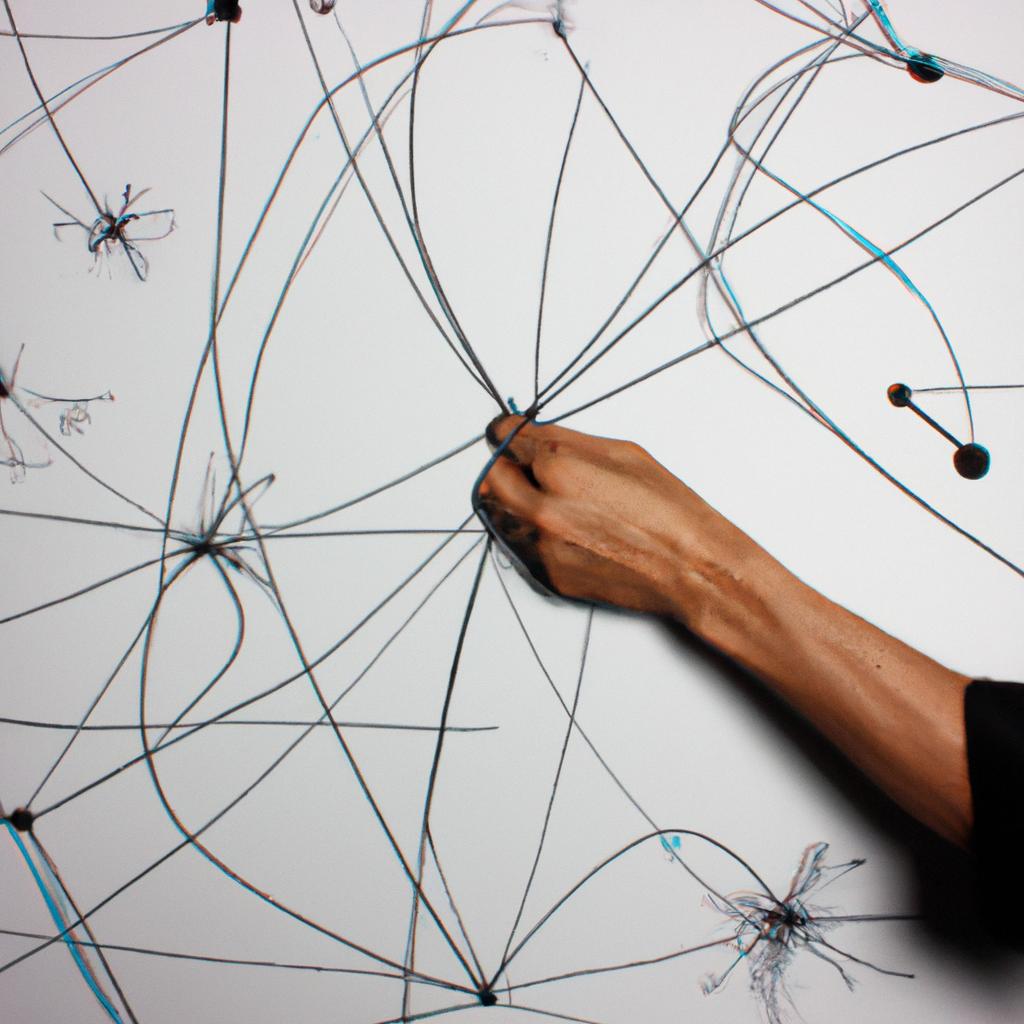 Person drawing interconnected communication lines
